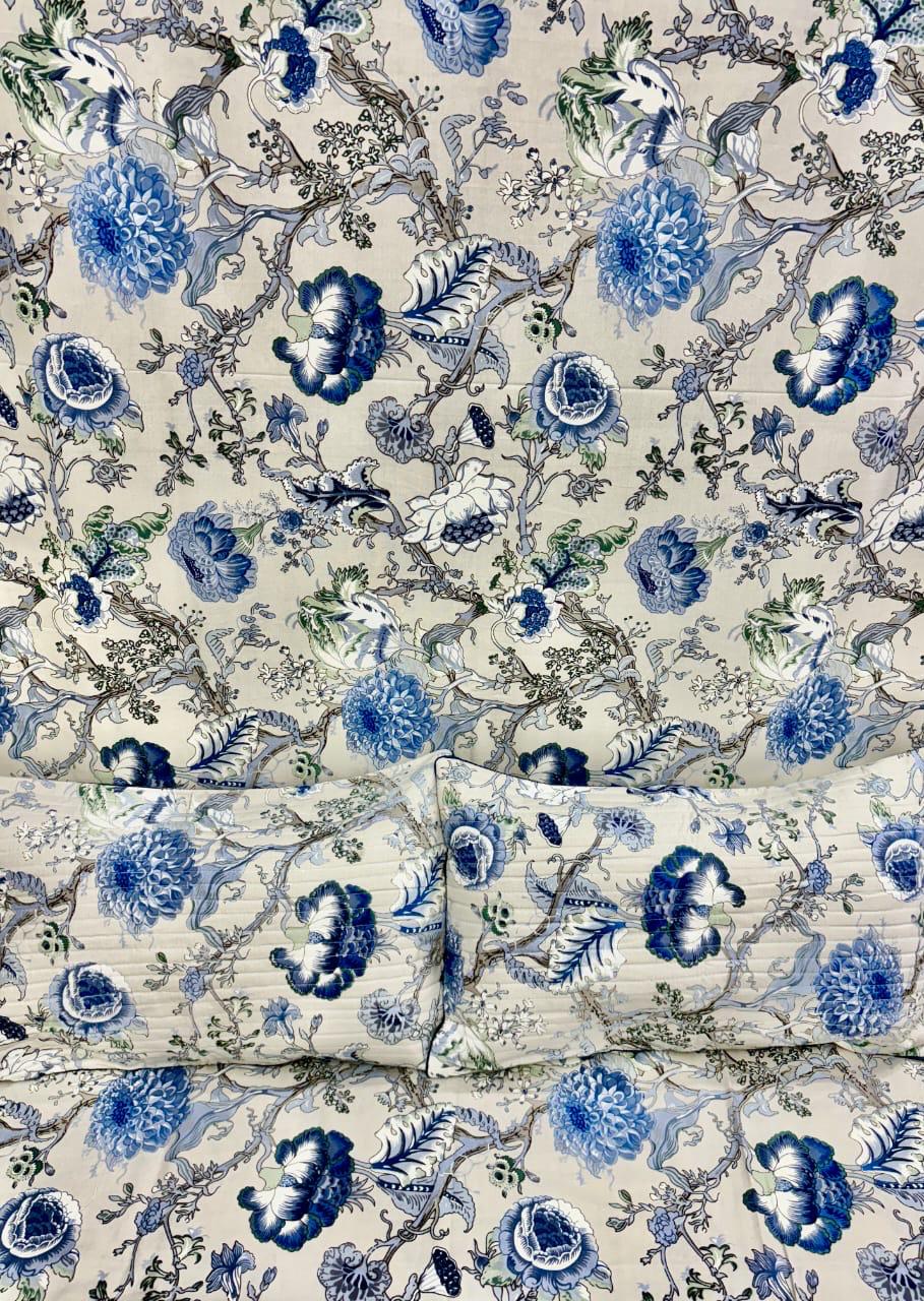 Indigo Whisper Florals – Super King Size Bedsheet (274 x 274 cm) | 100% Jaipuri Cotton | Includes 2 Pillow Covers