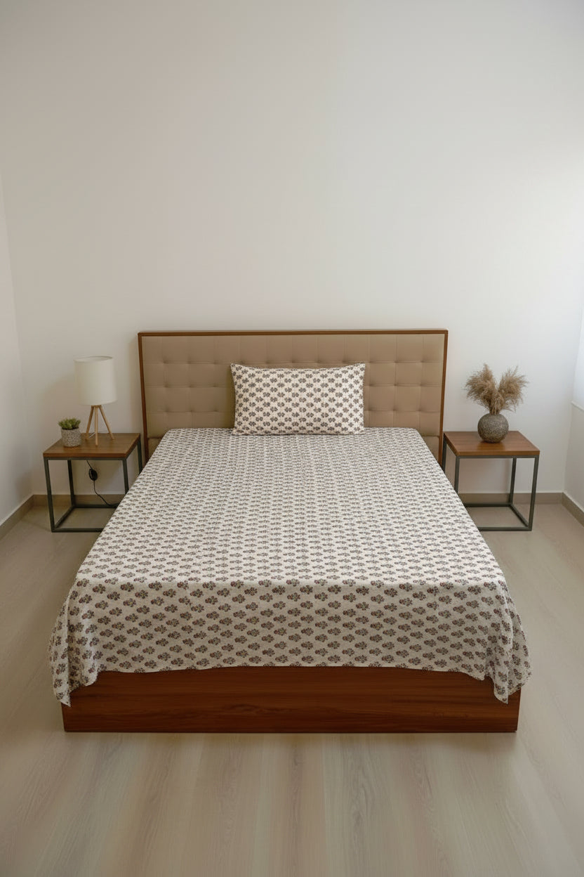 Ivory Petal Charm – Single Size Bedsheet (180 x 225 cm) | Tencel Cotton | Includes 2 Pillow Covers