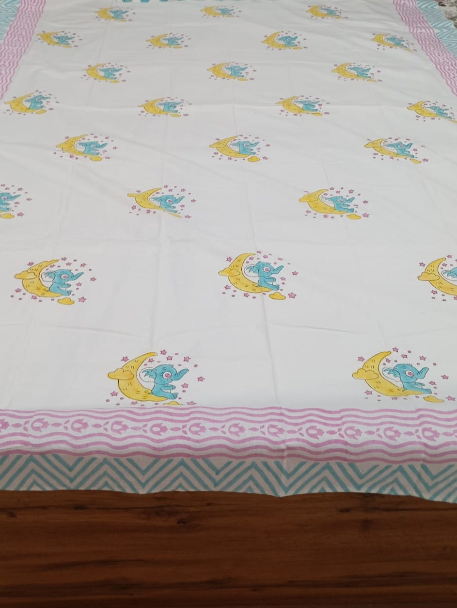Moonlight Elephant Dreams – Kids Single Bedsheet (152 x 228 cm) | 100% Pure Cotton | Includes 1 Pillow Cover