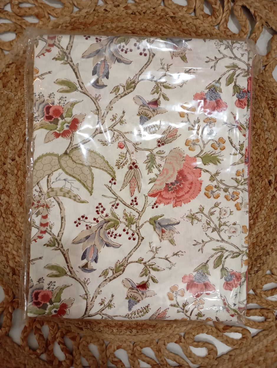 Ivory Blossom Trail – Super King Size Bedsheet (274 x 274 cm) | 100% Jaipuri Cotton | Includes 2 Pillow Covers