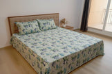 Azure Bloom Haven – Super King Size Bedsheet (274 x 274 cm) | 100% Cotton | Includes 2 Pillow Covers