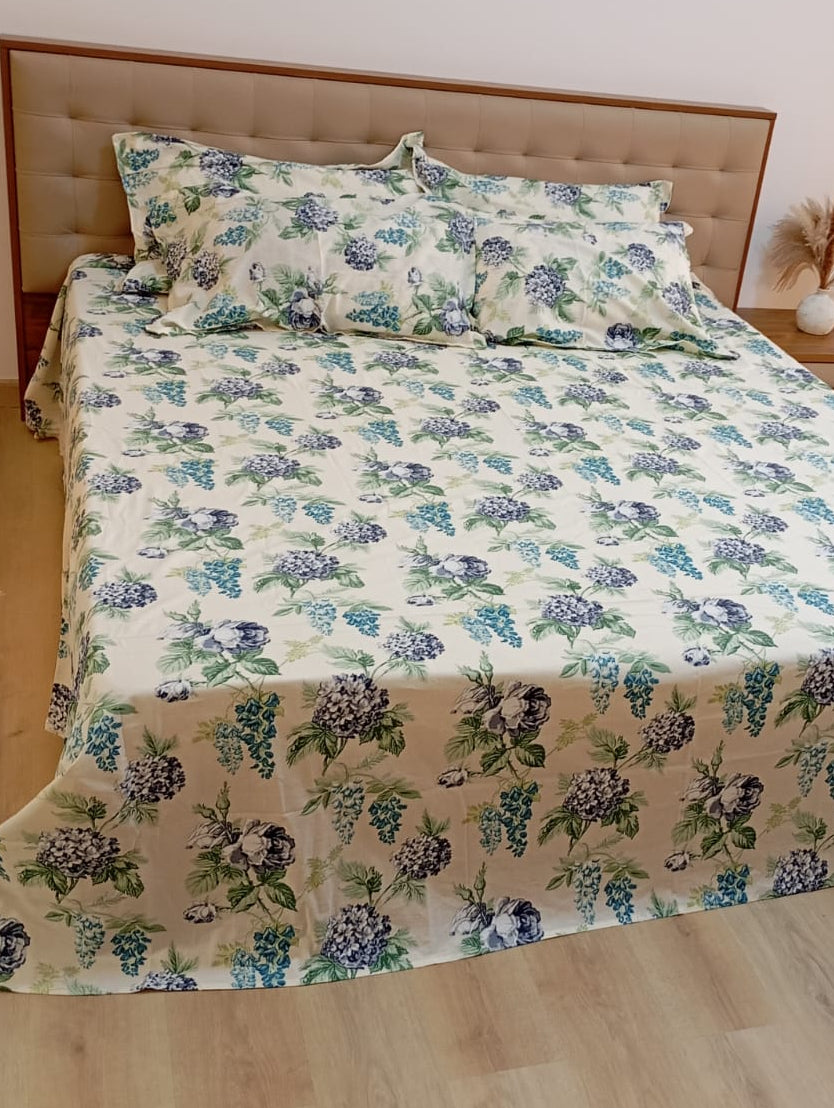 Meadow Serenity Aqua – Super King XL Size Bedsheet (270 x 290 cm) | 100% Pure Cotton | Includes 4 Pillow Covers