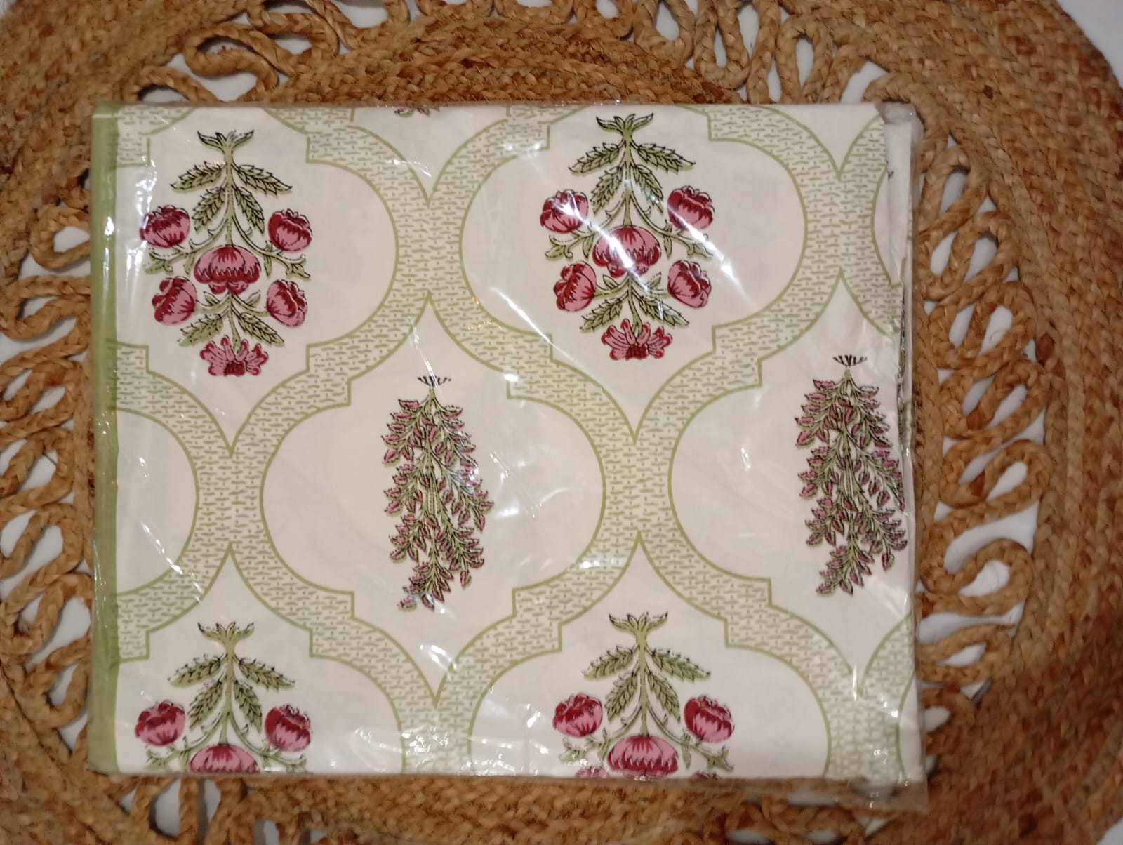 Mughal Rose Lattice – Super King Size Bedsheet (274 x 274 cm) | 100% Jaipuri Cotton | Includes 2 Pillow Covers
