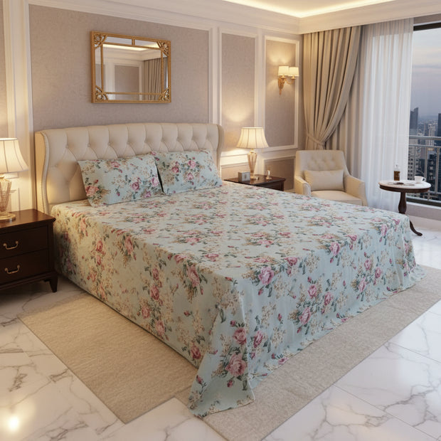 Blush Meadow Floral – Queen Size Bedsheet (260 x 230 cm) | 100% Pure Cotton | Includes 2 Pillow Covers