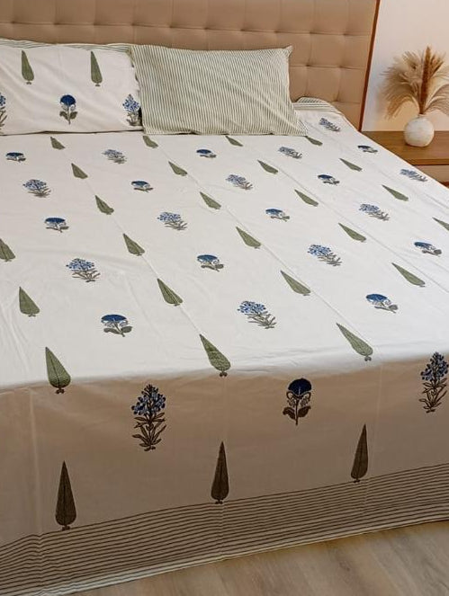 Blue Meadow Floral - Hand Block Print – Super King Size Bedsheet (279 x 279 cm) | 100% Percale Cotton | Includes 2 Pillow Covers