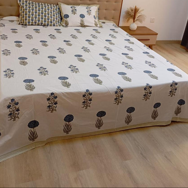 Blue Meadow Haven - Hand Block Print – Super King Size Bedsheet (279 x 279 cm) | 100% Percale Cotton | Includes 2 Pillow Covers