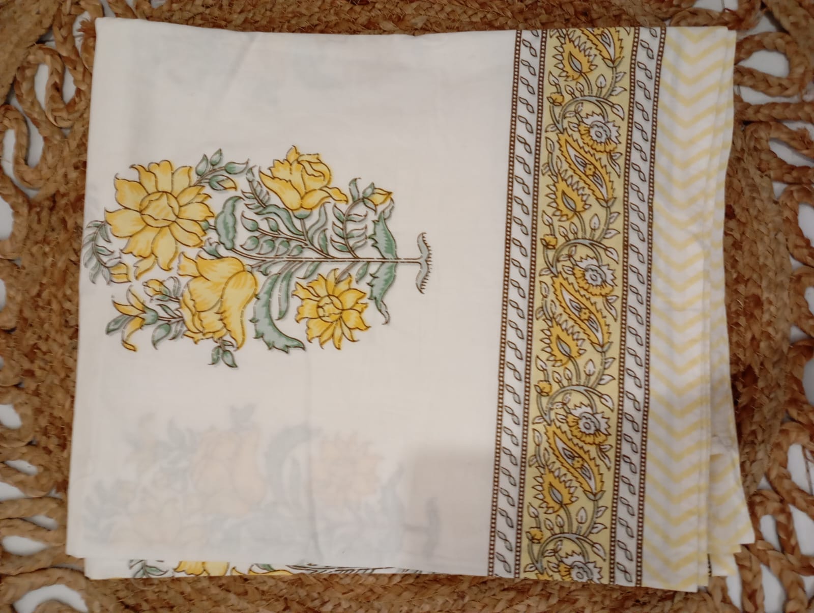 Golden Azure Bloom – Super King Size Bedsheet (274 x 274 cm) | 100% Percale Cotton | Includes 2 Reversible Pillow Covers
