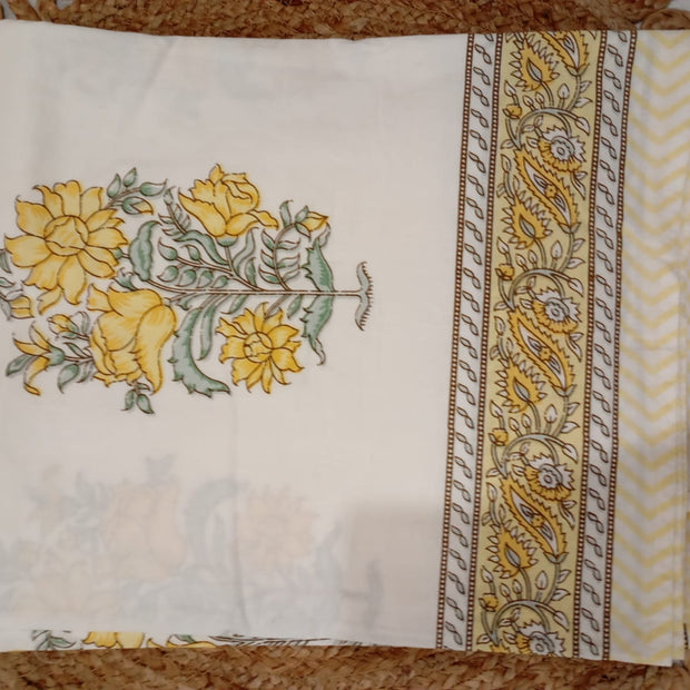 Golden Azure Bloom – Super King Size Bedsheet (274 x 274 cm) | 100% Percale Cotton | Includes 2 Reversible Pillow Covers