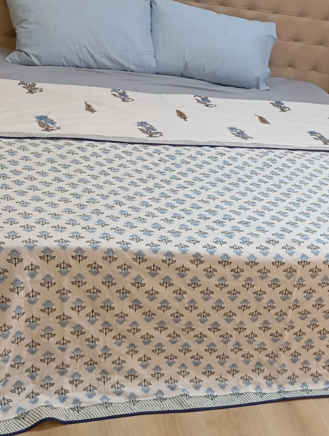Ivory Blue Blossom – Hand Block Print – Reversible Standard King Size Dohar | 100% Muslin Cotton | All Season, Perfect for AC