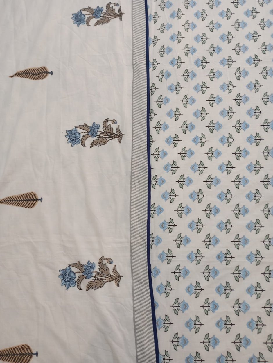 Ivory Blue Blossom – Hand Block Print – Reversible Standard King Size Dohar | 100% Muslin Cotton | All Season, Perfect for AC
