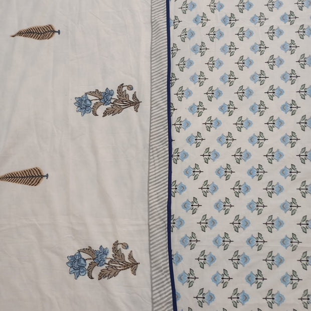 Ivory Blue Blossom – Hand Block Print – Reversible Standard King Size Dohar | 100% Muslin Cotton | All Season, Perfect for AC
