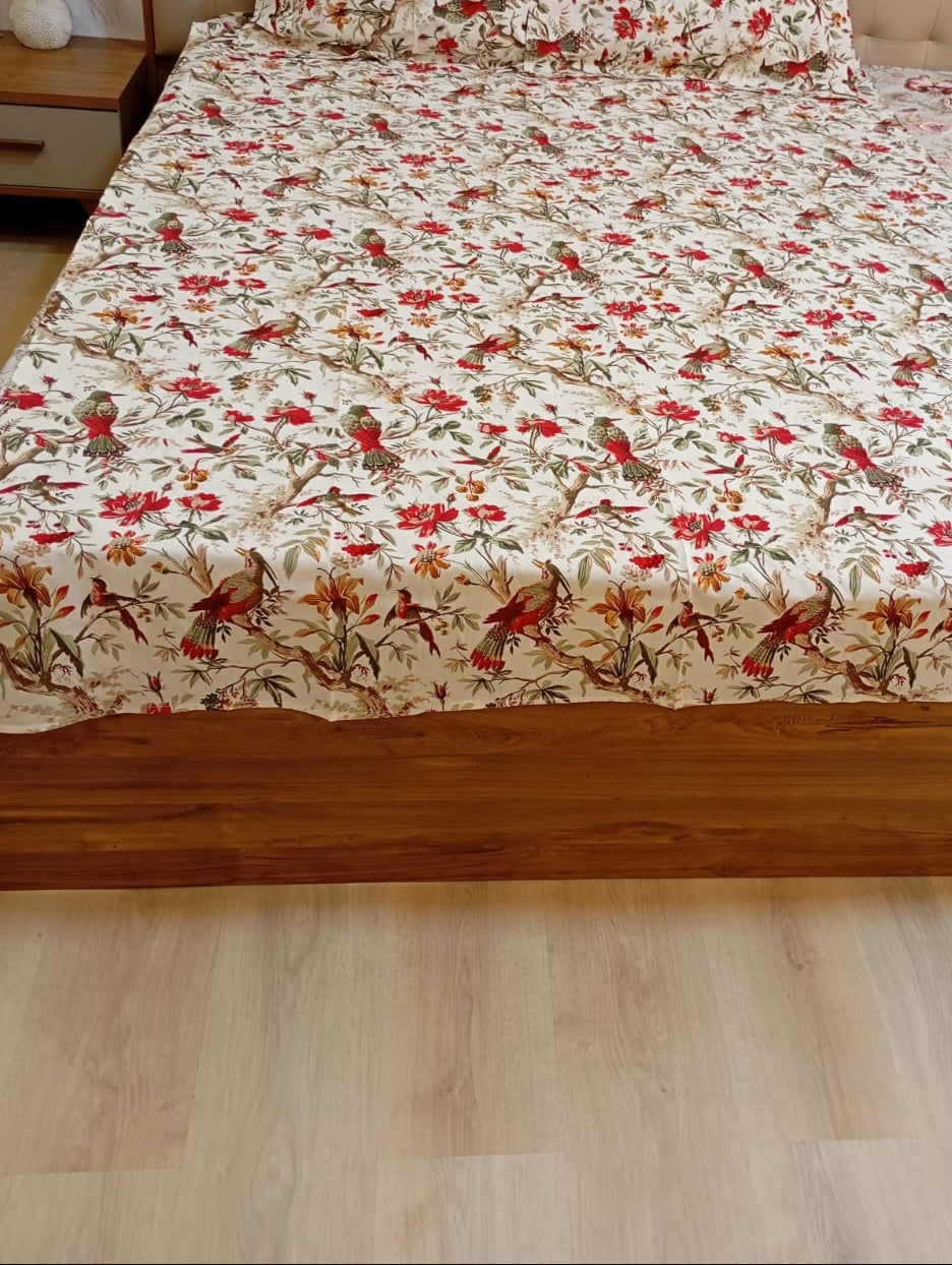 Royal Bird Garden – Single Size Flat Bedsheet (60 x 90 inch) | 100% Jaipuri Cotton | Includes 1 Pillow Cover