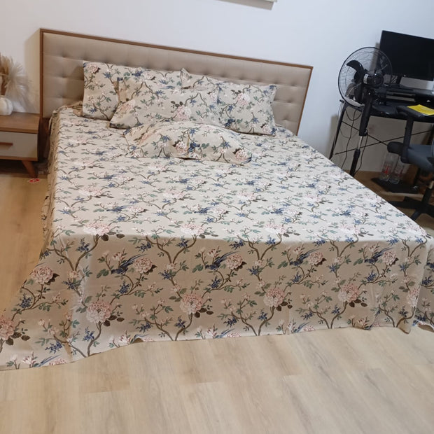 Blush Bird Blossom Garden – Queen Bedsheet (230 x 260 cm) | 100% Jaipuri Cotton | Includes 2 Pillow Covers