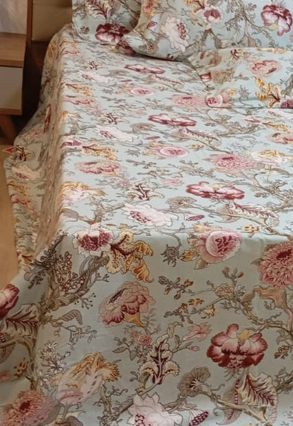 Vintage Blush Botanical Garden – Super King XL Size Bedsheet (270 × 290 cm) | 100% Jaipuri Cotton | Includes 4 Pillow Covers