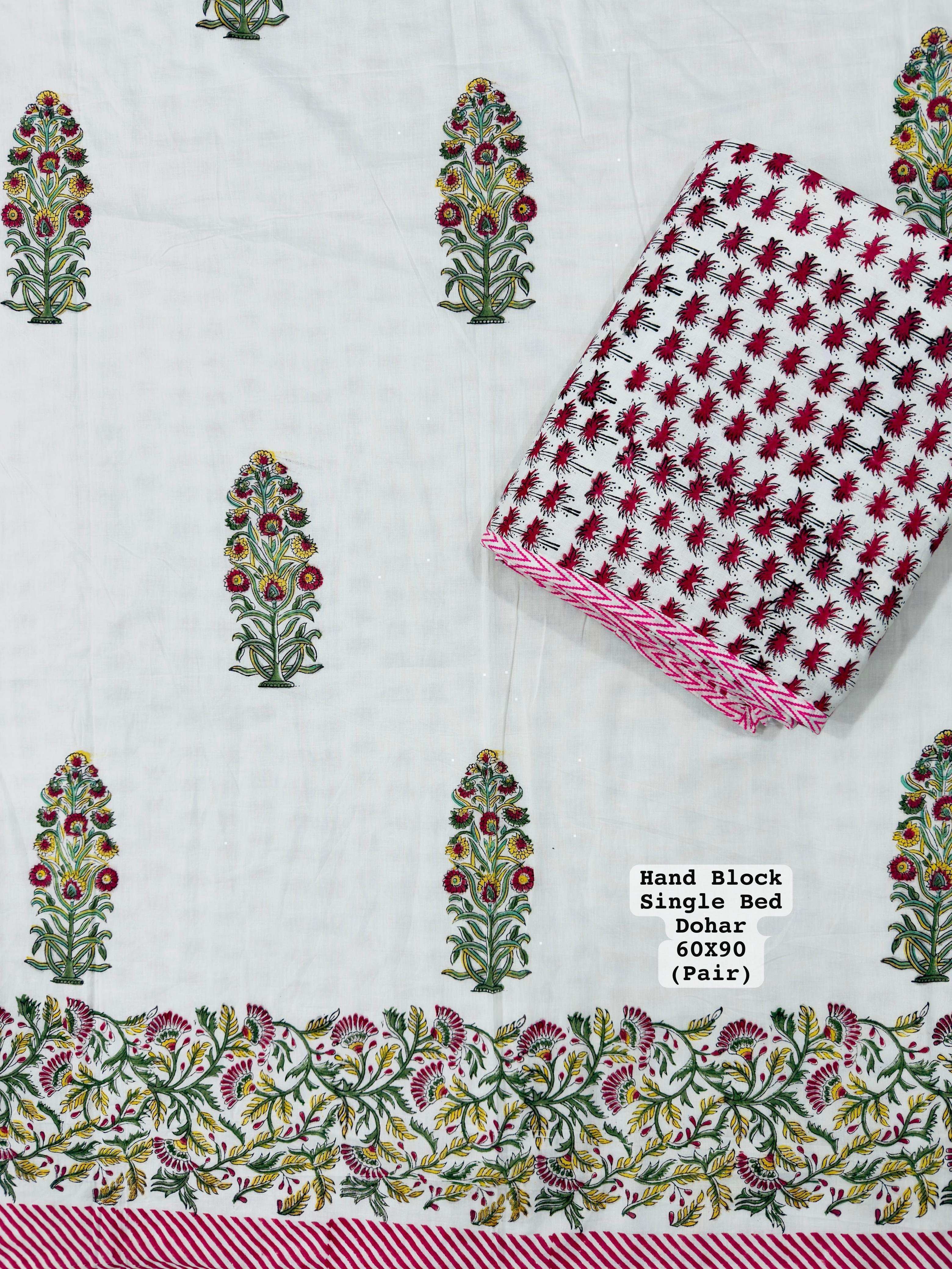 Gulnaar Bloom – Single Bed Muslin Cotton Dohar Pair (152 x 229 cm / 60 x 90 inches) | 100% Muslin Cotton | Reversible Hand Block Print