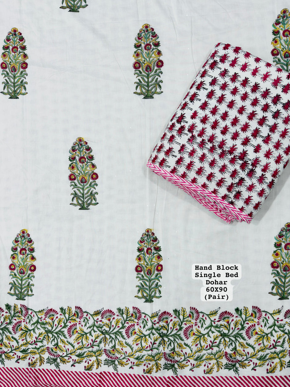 Gulnaar Bloom – Single Bed Muslin Cotton Dohar Pair (152 x 229 cm / 60 x 90 inches) | 100% Muslin Cotton | Reversible Hand Block Print