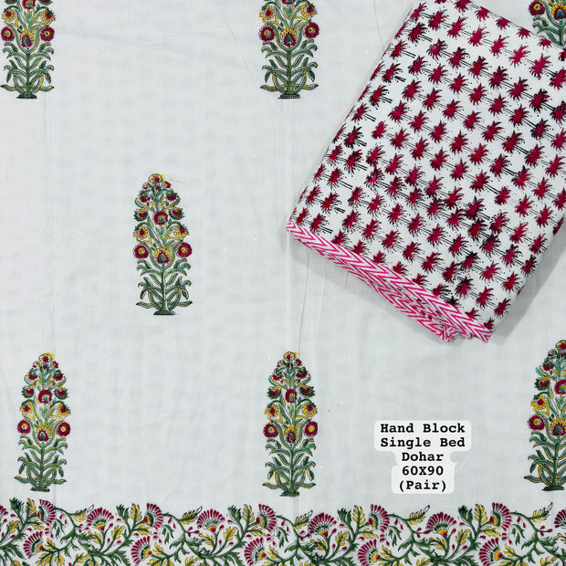 Gulnaar Bloom – Single Bed Muslin Cotton Dohar Pair (152 x 229 cm / 60 x 90 inches) | 100% Muslin Cotton | Reversible Hand Block Print