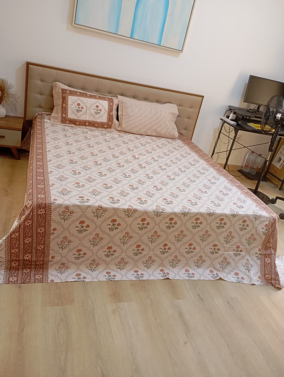 Terracotta Blossom – Super King Size Bedsheet (274 × 274 cm) | 400 TC Tencel Cotton | Includes 2 Pillow Covers