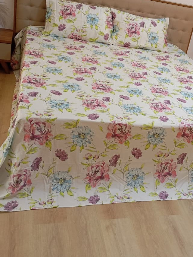 Blush Azure Bloom – Super King Size Bedsheet (270 x 270 cm) | 100% Tencel Cotton | 400 Thread Count | Includes 2 Pillow Covers