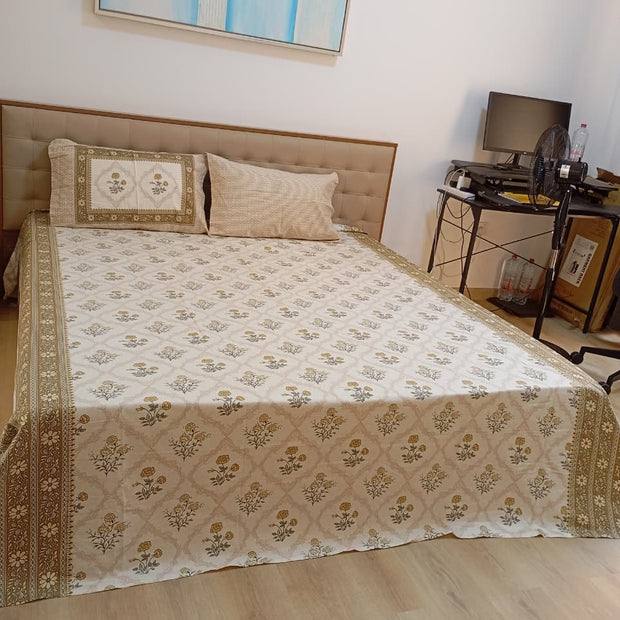 Golden Heritage Bloom – Super King Size Bedsheet (270 x 270 cm) | 100% Tencel Cotton | 400 Thread Count | Includes 2 Pillow Covers