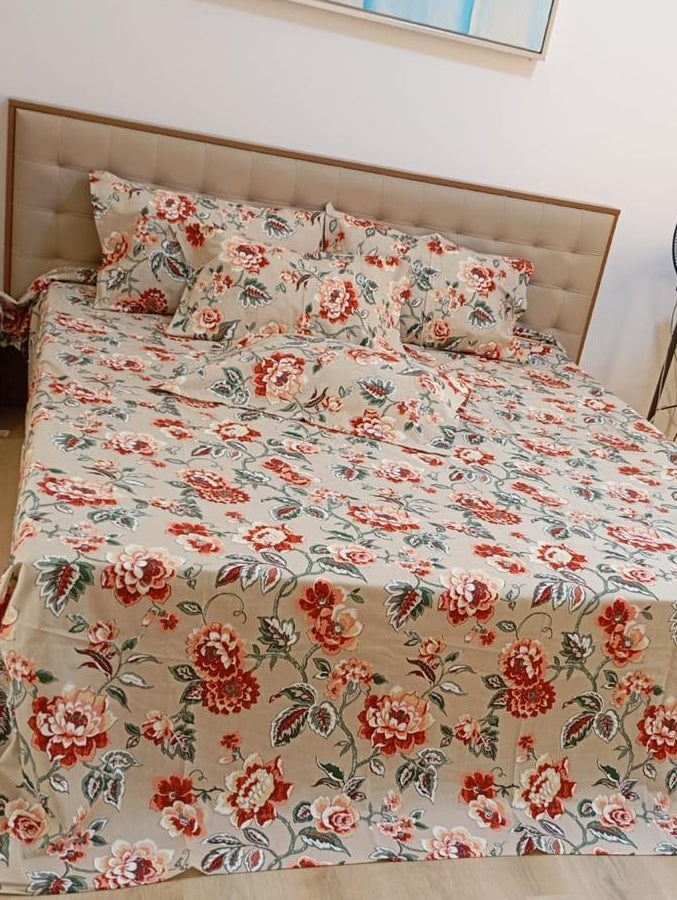 Rustic Coral Blossom Elegance – Super King XL Size Bedsheet (270 x 290 cm) | 100% Jaipuri Cotton | Includes 4 Pillow Covers