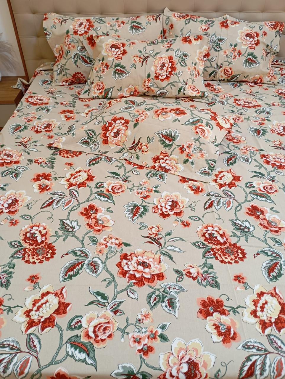 Rustic Coral Blossom Elegance – Super King XL Size Bedsheet (270 x 290 cm) | 100% Jaipuri Cotton | Includes 4 Pillow Covers