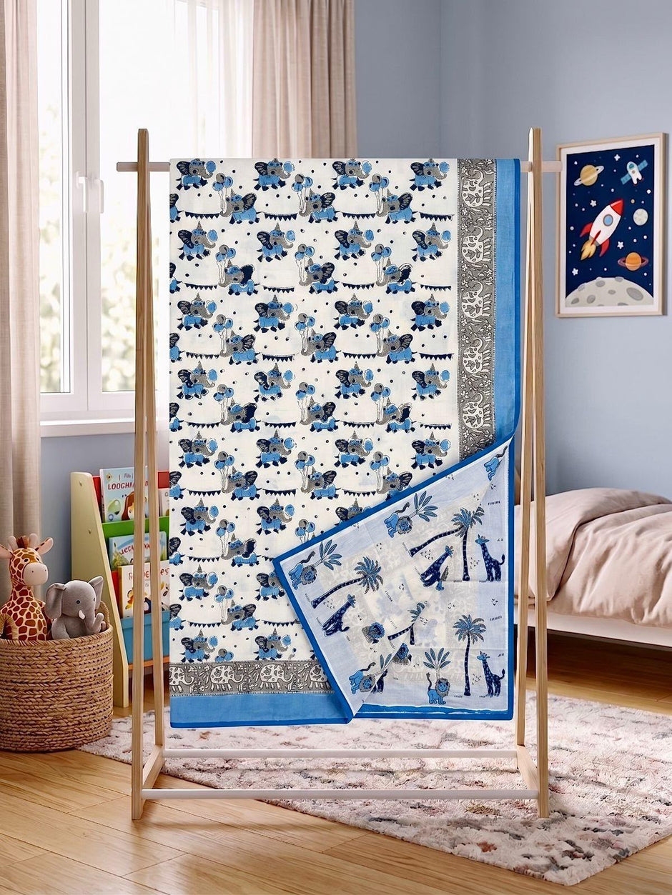 Blue Elephant Adventure Muslin Cotton Kids Reversible Dohar – Single Size (60 x 90 inch / 150 x 220 cm) | 100% Muslin Cotton | 1 Piece