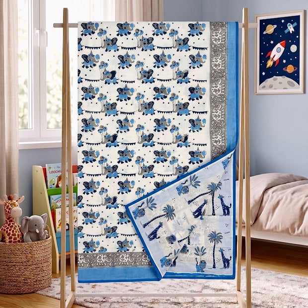 Blue Elephant Adventure Muslin Cotton Kids Reversible Dohar – Single Size (60 x 90 inch / 150 x 220 cm) | 100% Muslin Cotton | 1 Piece