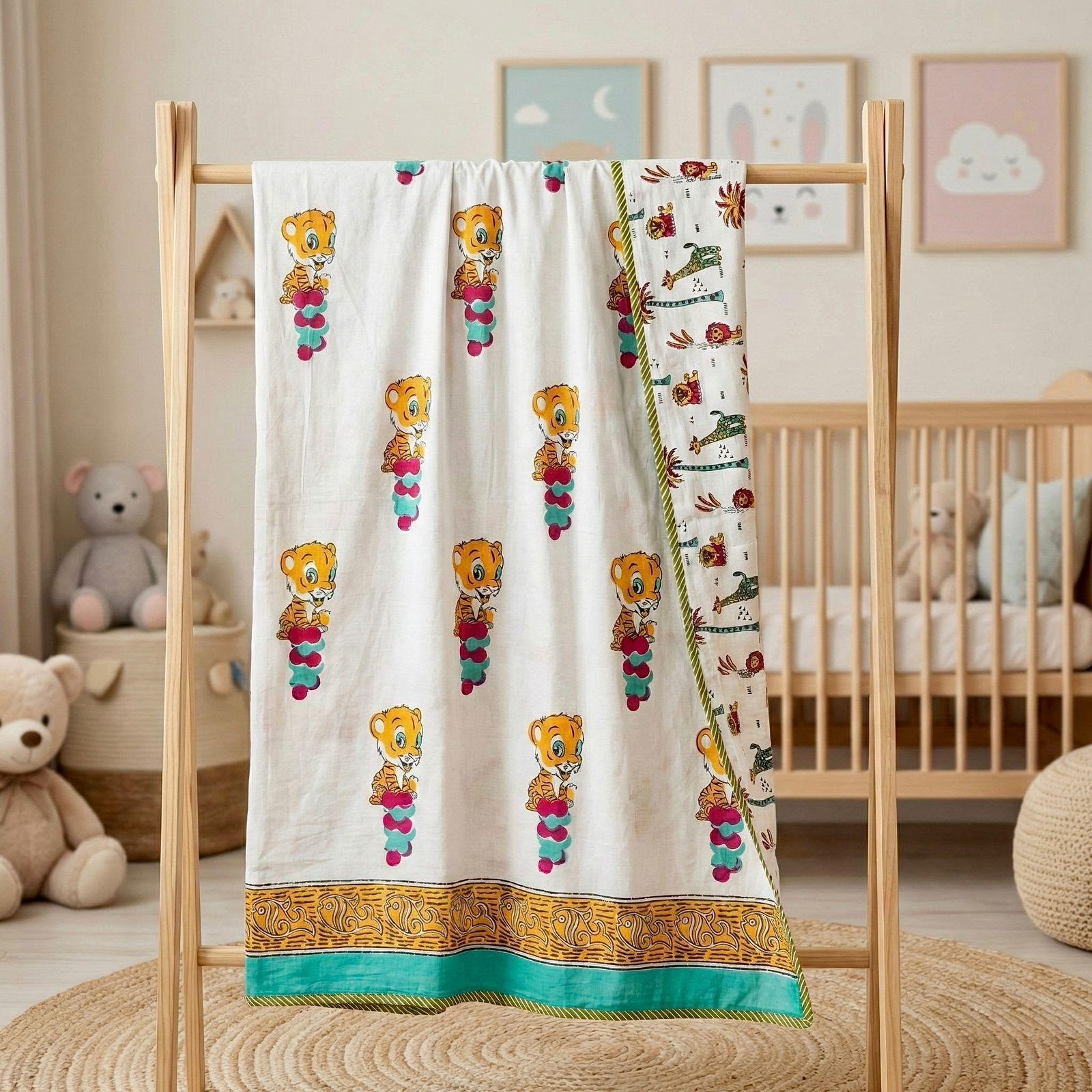 Tiny Tiger Tales Reversible Muslin Cotton Kids Dohar – Single Size (60 x 90 inch / 150 x 220 cm) | 100% Muslin Cotton | 1 Piece