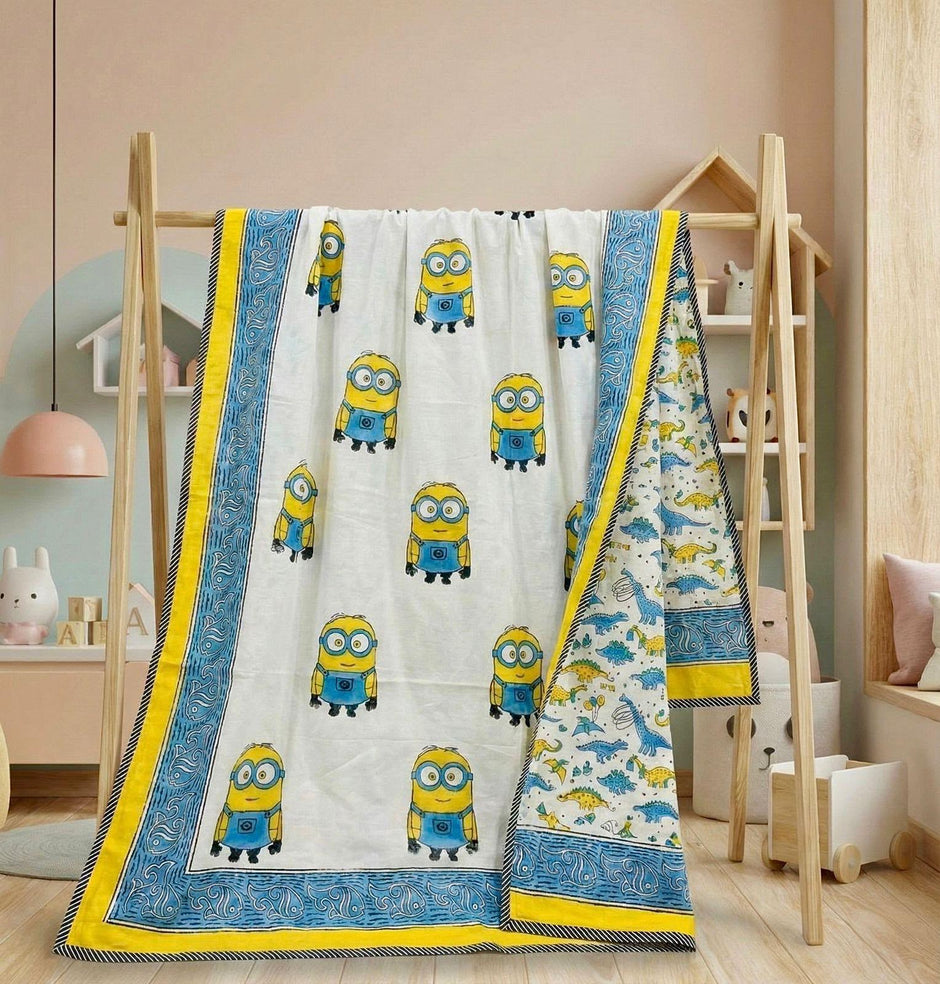Minion Fun Reversible Muslin Cotton Kids Dohar – Single Size (60 x 90 inch / 150 x 220 cm) | 100% Muslin Cotton | 1 Piece