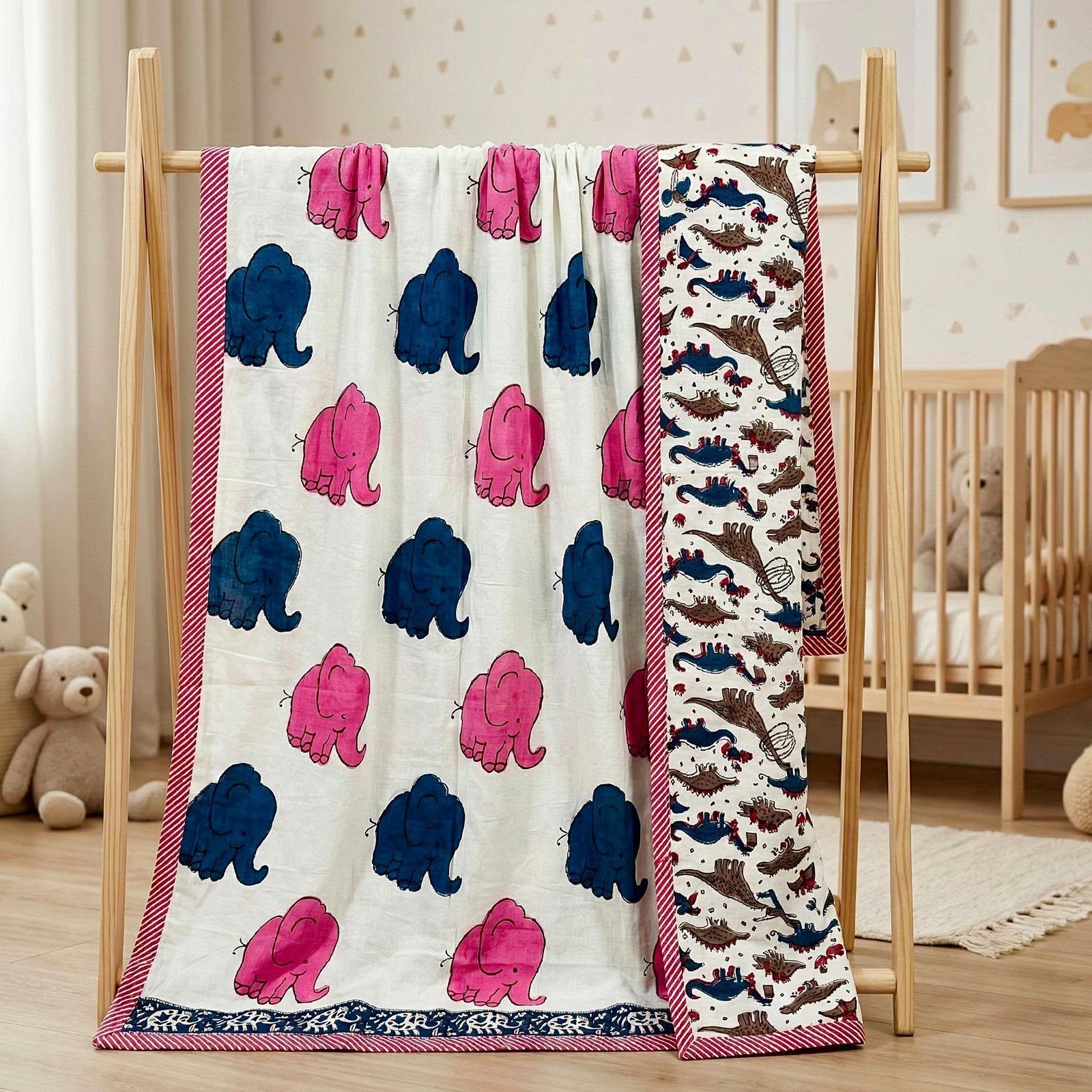 Pink & Blue Elephant Parade Reversible Muslin Cotton Kids Dohar – Single Size (60 x 90 inch / 150 x 220 cm) | 100% Muslin Cotton | 1 Piece