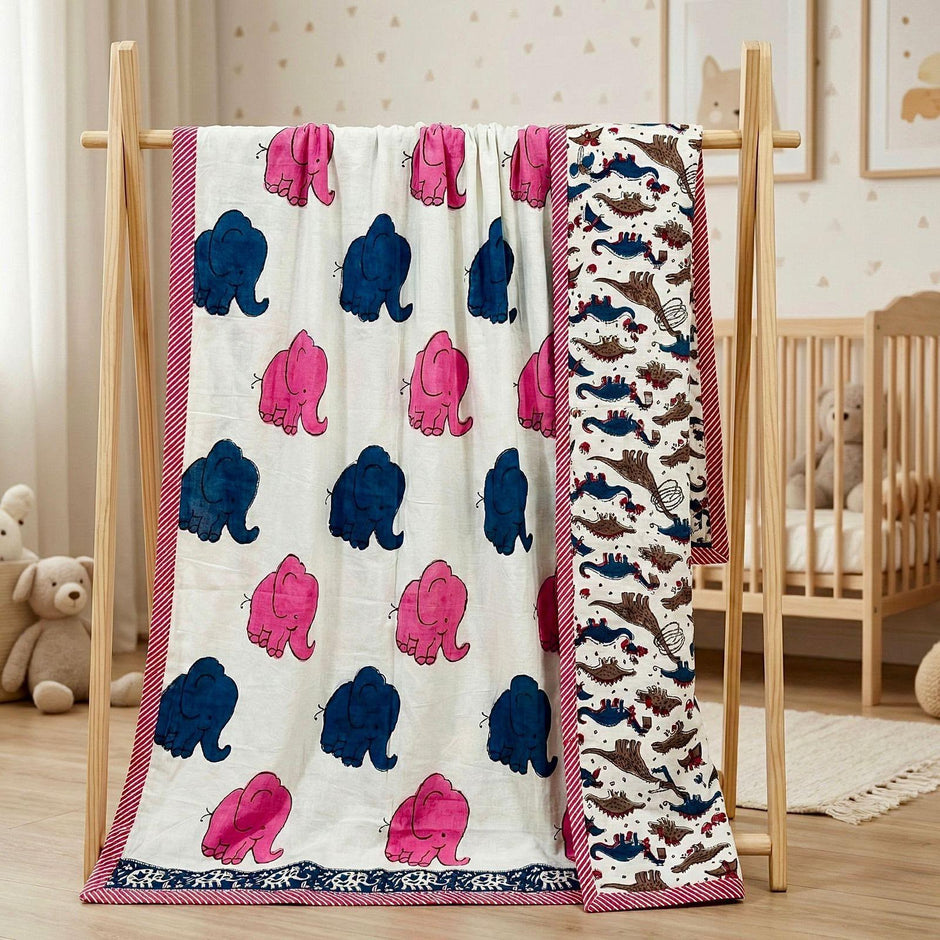 Pink & Blue Elephant Parade Reversible Muslin Cotton Kids Dohar – Single Size (60 x 90 inch / 150 x 220 cm) | 100% Muslin Cotton | 1 Piece