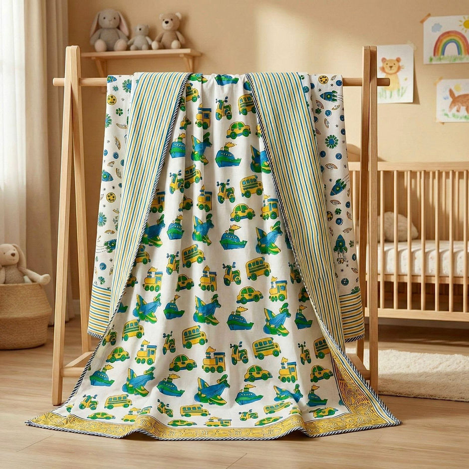 Little Transport Adventure Reversible Muslin Cotton Kids Dohar – Single Size (60 x 90 inch / 150 x 220 cm) | 100% Muslin Cotton | 1 Piece