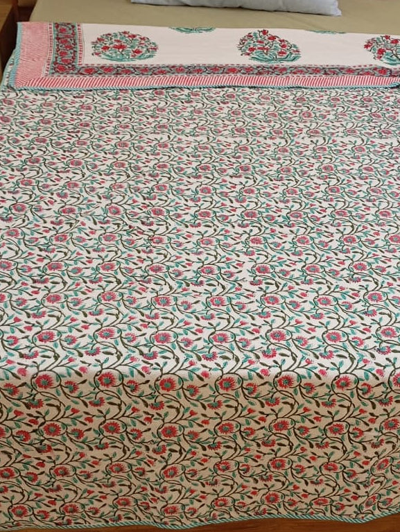 Coral Blossom Reversible Muslin Cotton Dohar Pair – Single Bed (152 x 229 cm / 60 x 90 inches) | 100% Muslin Cotton | Reversible Hand Block Print | Pair of 2 Single Dohars