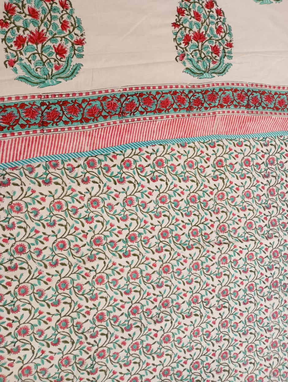 Coral Blossom Reversible Muslin Cotton Dohar Pair – Single Bed (152 x 229 cm / 60 x 90 inches) | 100% Muslin Cotton | Reversible Hand Block Print | Pair of 2 Single Dohars