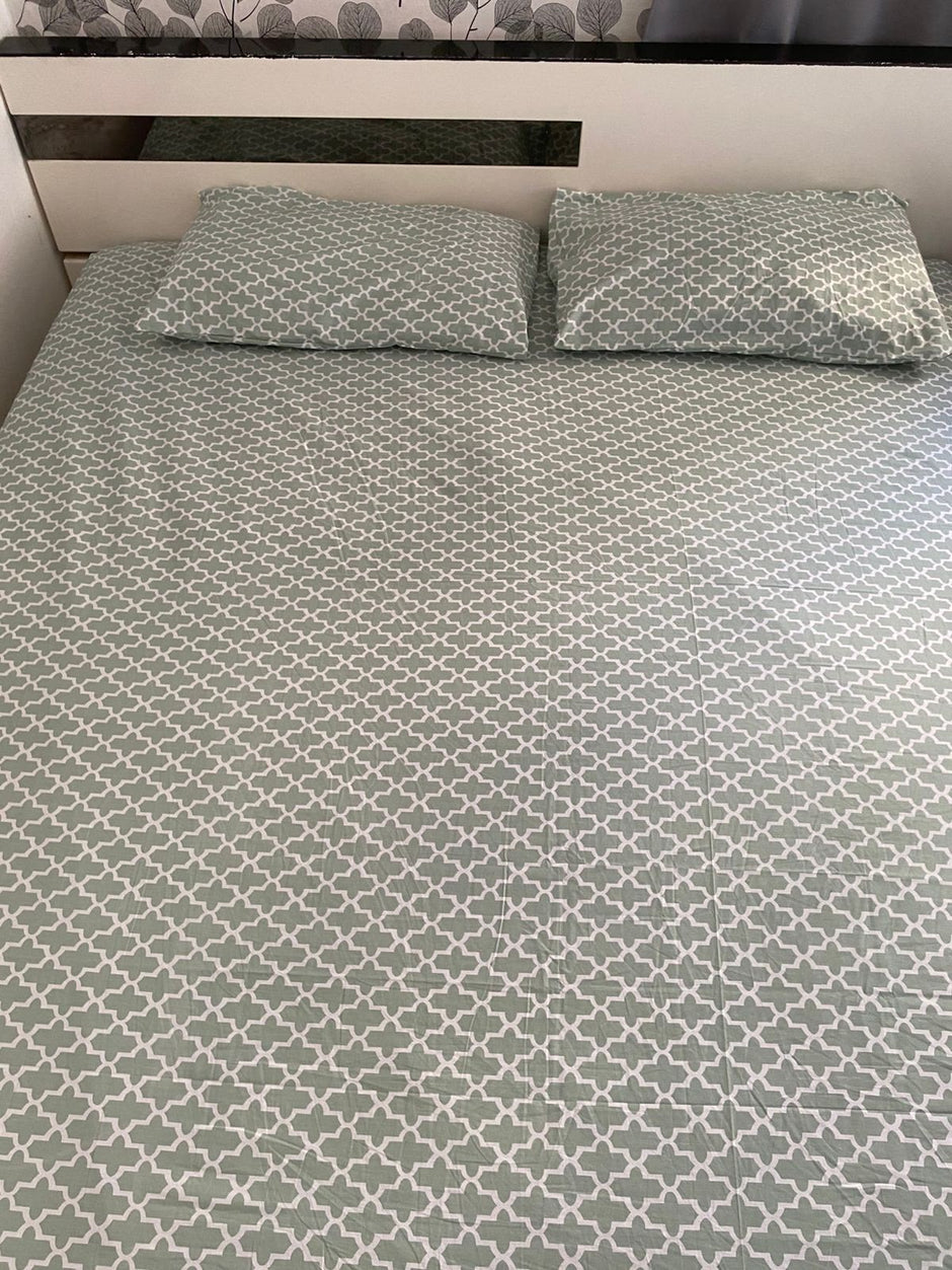 Sage Trellis Pure Cotton Bedsheet Set – Queen Size (240 × 270 cm) | 3-Piece Bedding Set