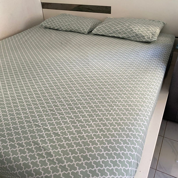 Sage Trellis Pure Cotton Bedsheet Set – Queen Size (240 × 270 cm) | 3-Piece Bedding Set