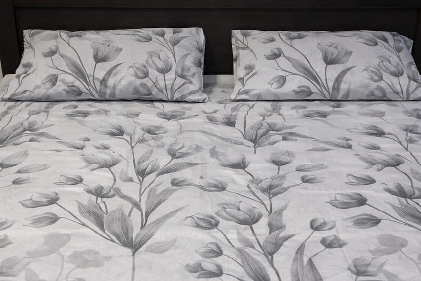 Silver Bloom Pure Cotton Bedsheet Set – King Size (240 × 270 cm) | 3-Piece Bedding Set