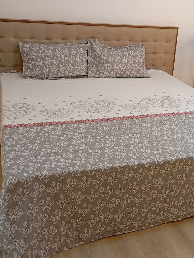 Whispering Wildflower Pure Cotton Flat Bedsheet – Queen Size (240 × 270 cm) | Elegant Botanical Floral | 2 Pillow Covers
