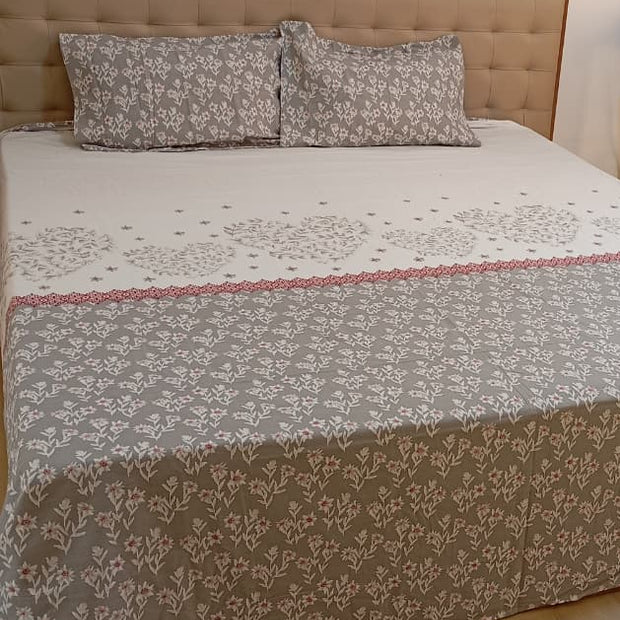 Whispering Wildflower Pure Cotton Flat Bedsheet – Queen Size (240 × 270 cm) | Elegant Botanical Floral | 2 Pillow Covers