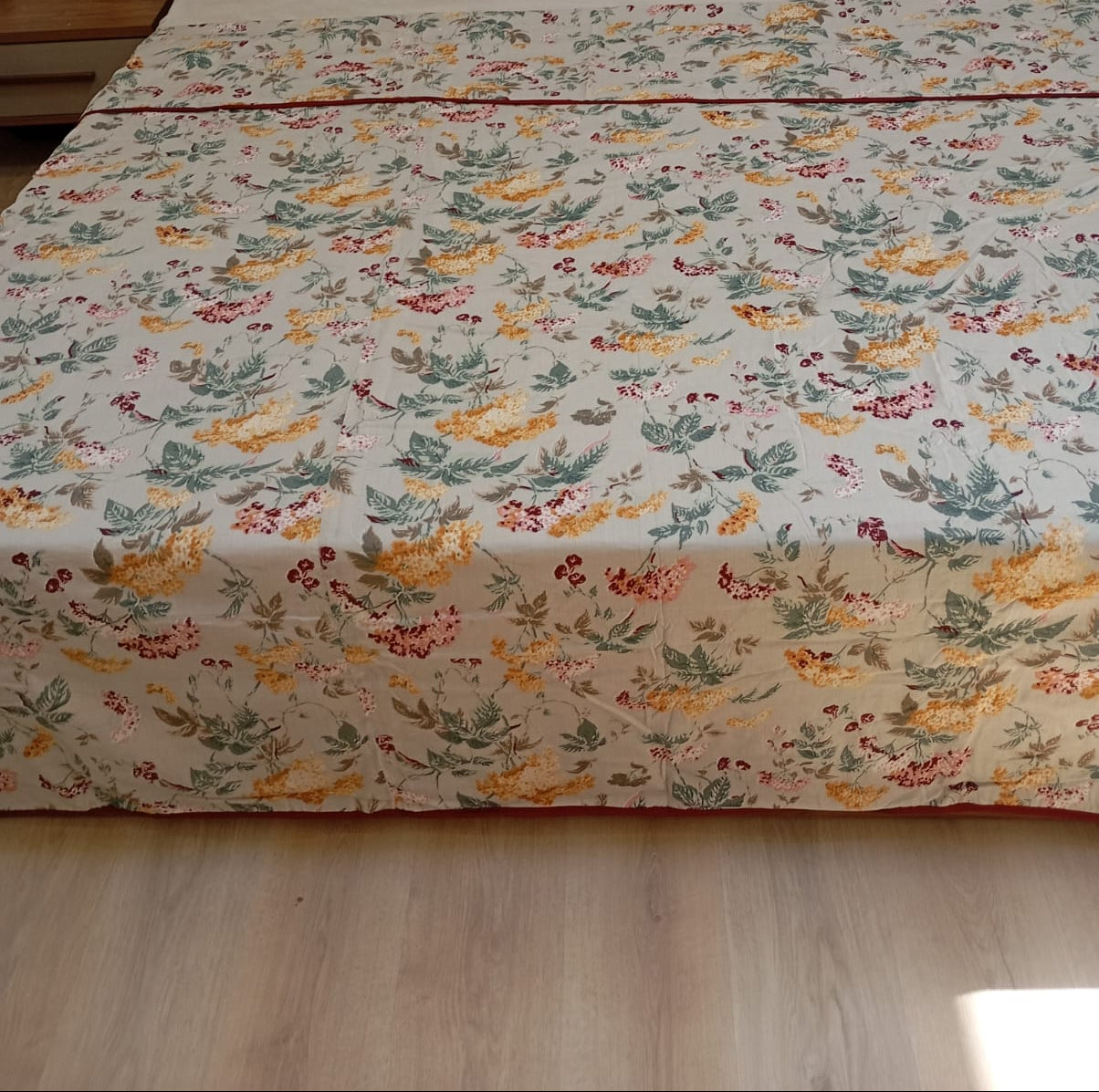 Soft Yellow Beige Botanical Bloom Muslin Cotton Dohar – King Size (220 × 240 cm) | 100% Muslin Cotton | 1 Piece