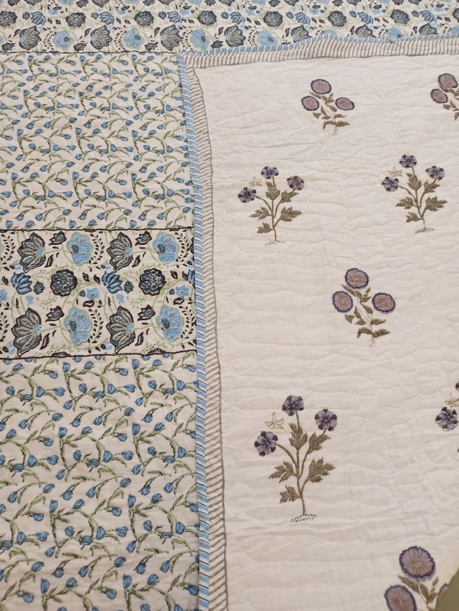 Jaipuri Lavender Meadow Reversible Quilted Bedspread – Standard King Size (90 x 102 Inches / 229 x 259 cm) | 3-Piece Set | 2 Quilted Pillow Covers