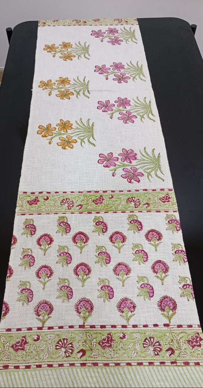 Royal Meadow Blossom Jaipuri Table Runner – 185 × 35 cm | 100% Pure Cotton | Hand Block Printed