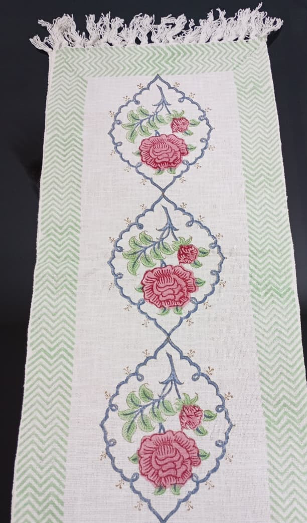 Royal Rose Bloom Jaipuri Table Runner – 185 × 35 cm | 100% Pure Jute Cotton | Hand Block Printed