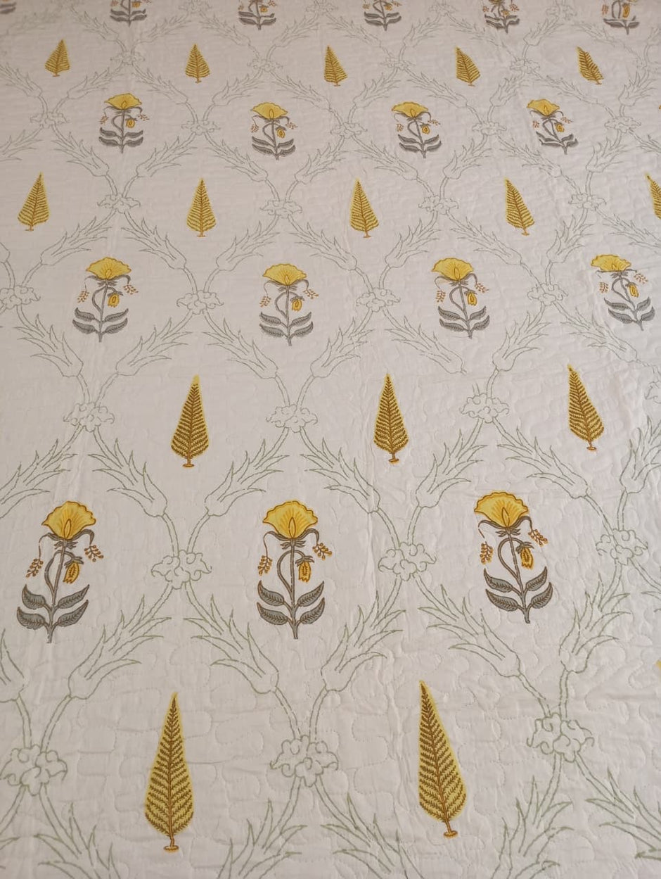 Aavira — Mustard Vine Reversible Quilted Bedspread | Jaipuri Cotton | Standard King Size | Double-Sided Printed Design | 2 Pillow Covers | Set
