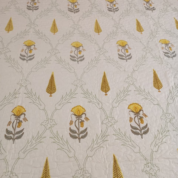 Aavira — Mustard Vine Reversible Quilted Bedspread | Jaipuri Cotton | Standard King Size | Double-Sided Printed Design | 2 Pillow Covers | Set