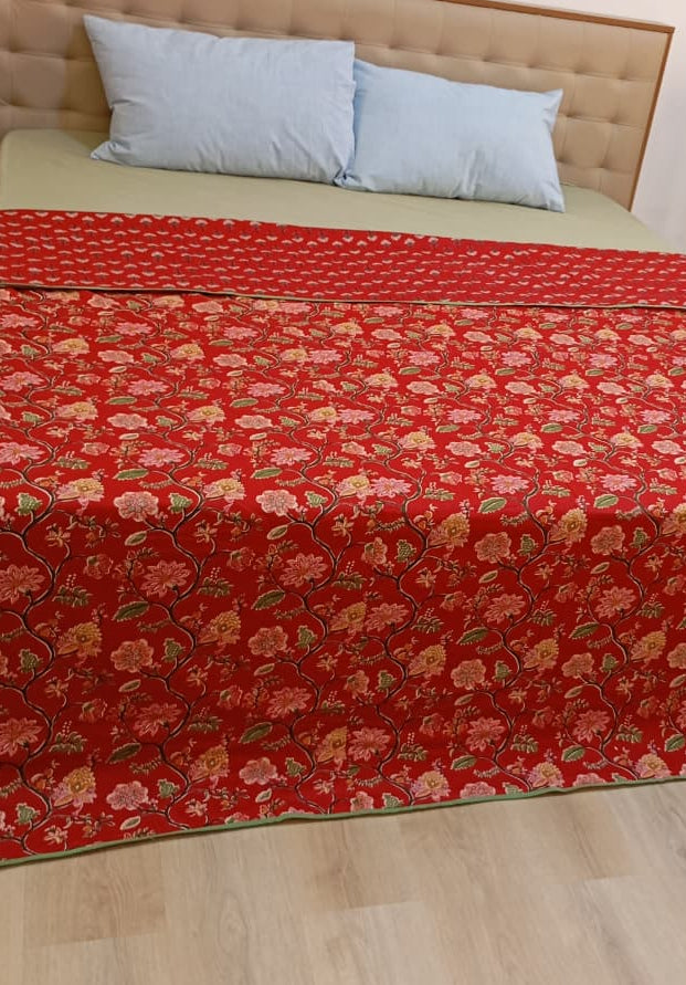 Crimson Noor Ajrakh Dohar – Standard King Size (229 x 259 cm / 90 x 102 inches) | Lightweight Cotton Dohar | Reversible Floral Design