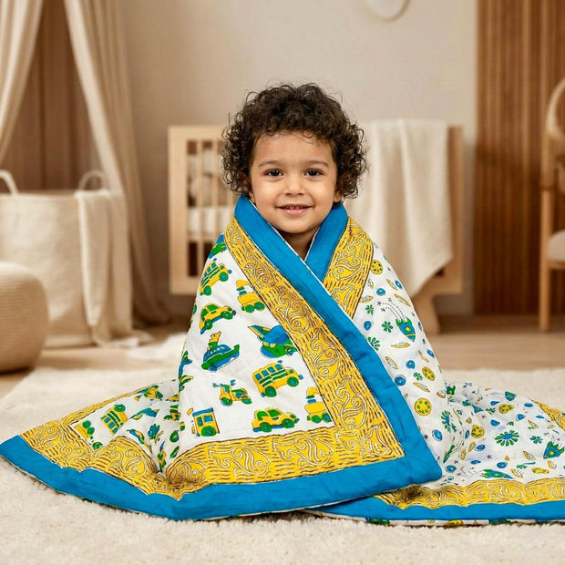 Rocket Ride Reversible Kids Razai Blanket – Single Size | 2-Sided Kids Razai | 55 × 85 Inches | 1 Piece | Dry Clean Only