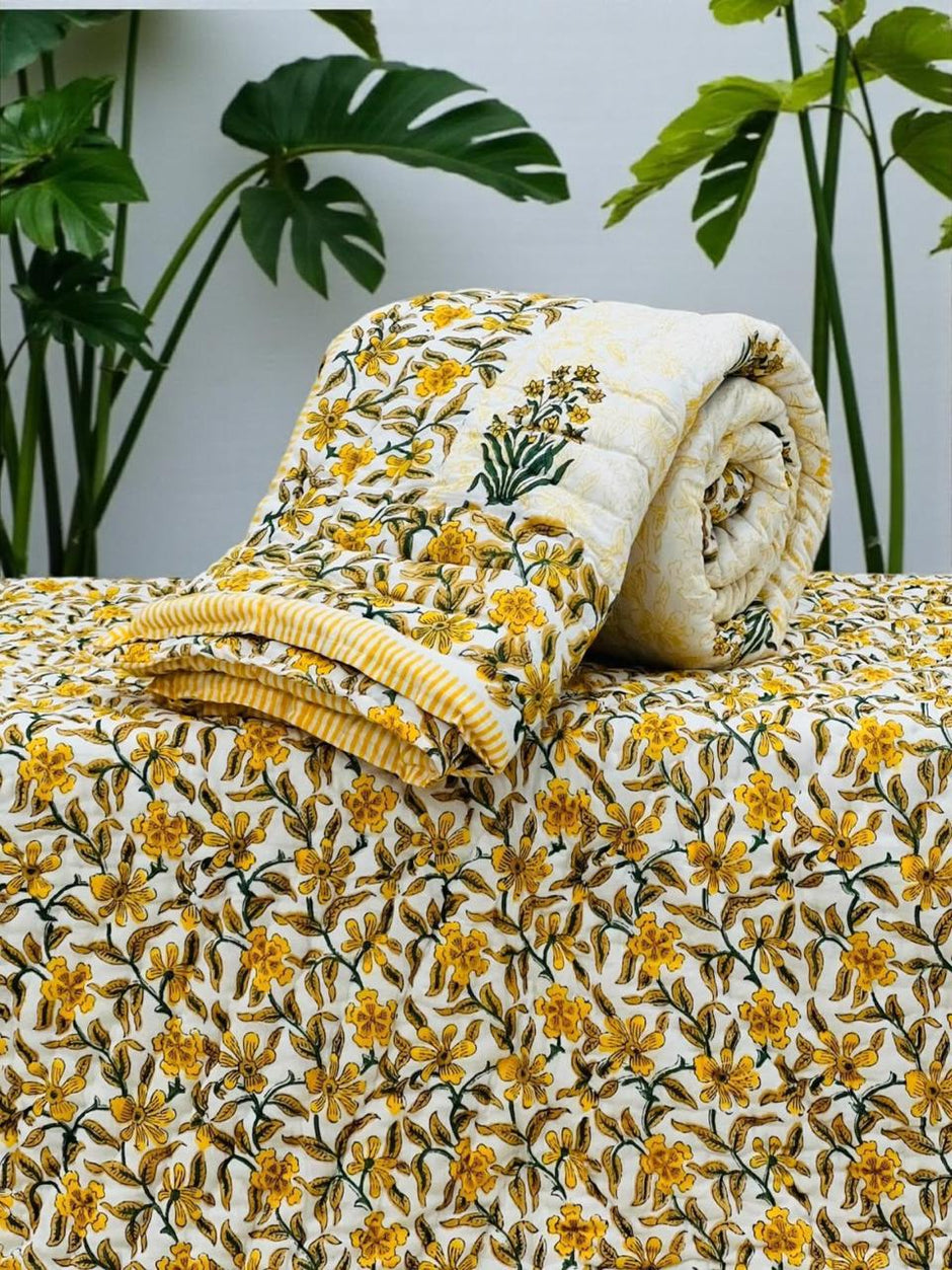 Meher — Ivory Garden Reversible Razai – Single Size (85 × 55 inches / 216 × 140 cm) | Jaipuri Cotton | 2-Sided Design | 1 Piece