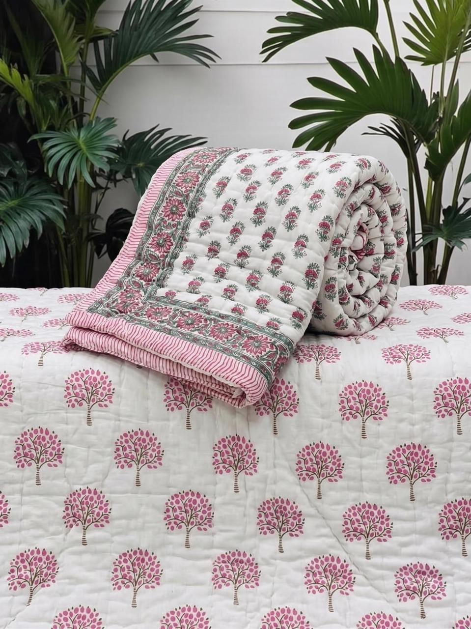 Gulabi Bagh – Single Size Floral Cotton Razai | Hand-Quilted | Reversible Floral Print | 1 Piece
